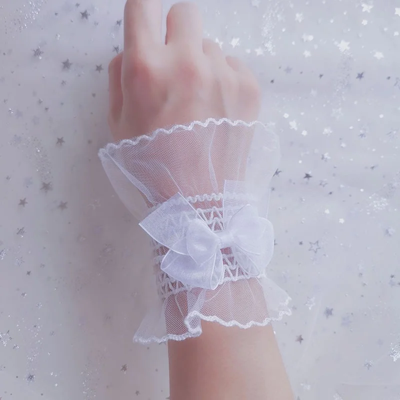 Lolita Loli False Sleeve Wrist Cuffs Fashion Bow Mesh Tulle Lace Gloves Women Girls Wedding Party Bracelet Wristband cosplay wrist cuffs cosplay bracelet