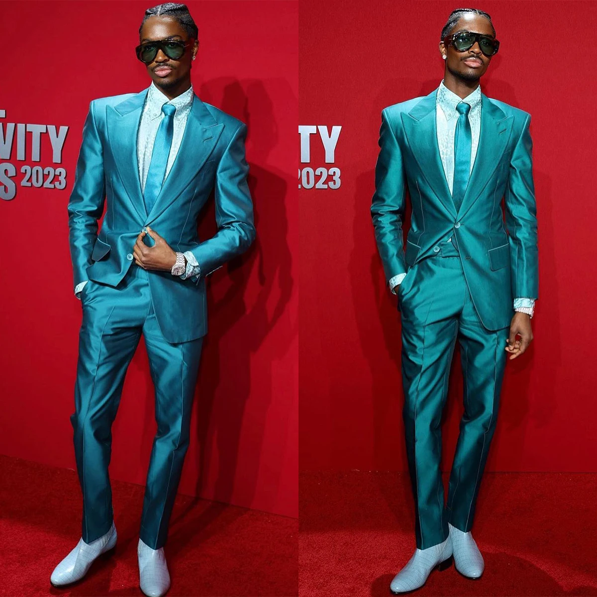 Satin New Wedding Tuxedos Men Suits Peaked Lapel Glossy Solid Color Two Buttons Pockets Coat Pants Groom Tailored