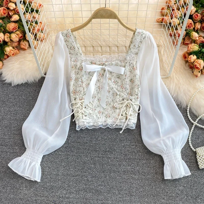 

2024 New Ins Fashion Floral Print Mesh Patchwork Blouses Shirts Autumn Women Vintage Bandage Slim Waist Gothic Lace Tops Blusas