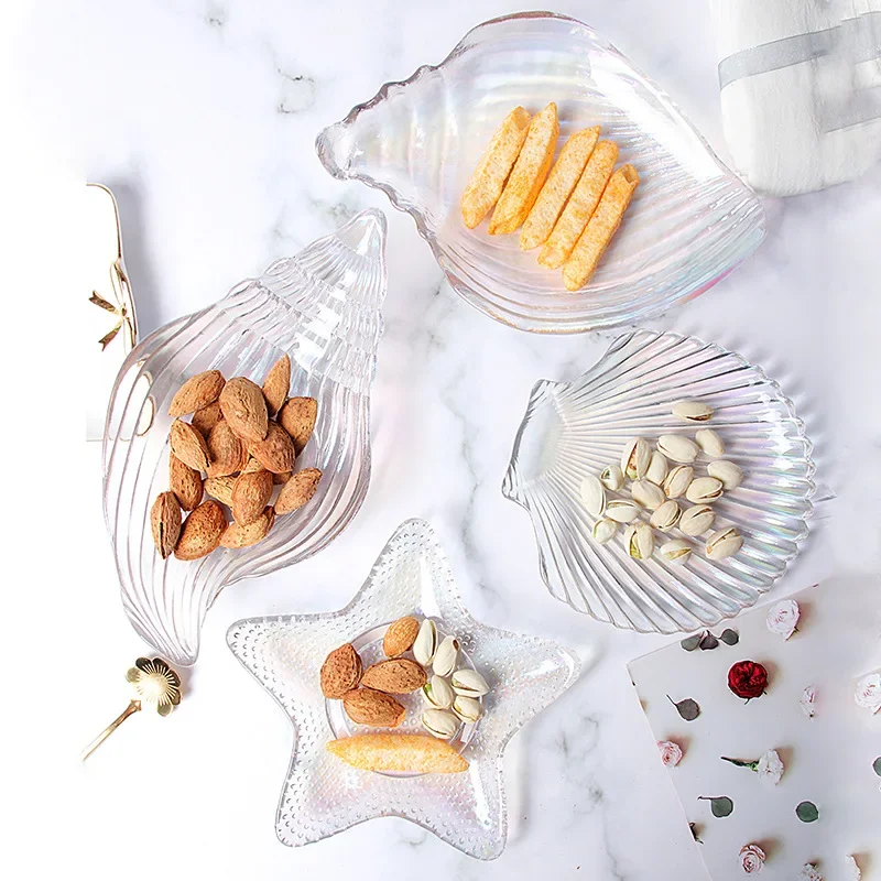 1 Piece Glass Saucer Transparent Sea Creature Shape Seastar Scallop Snail Snack Cheese Pudding Bread Serving Plate
