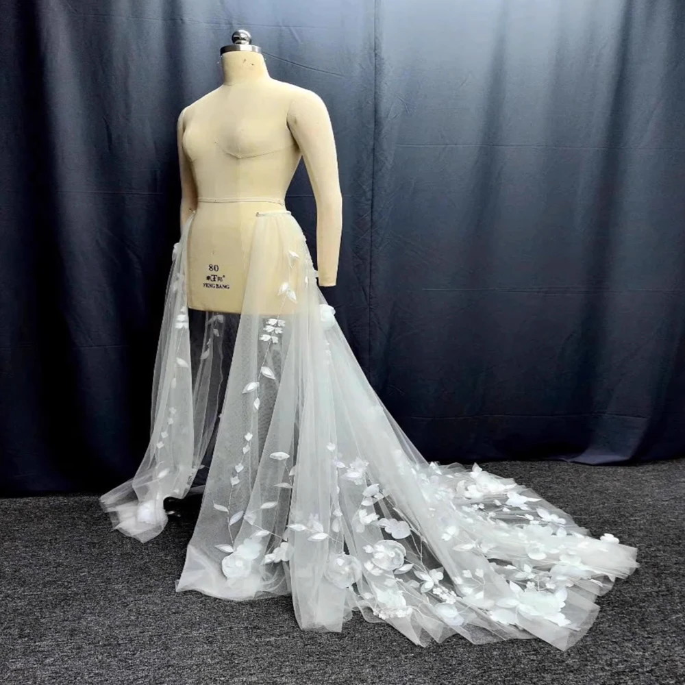 3D Flowers Detachable Bride Skirt Wedding Hem Drag Wedding Lace Tulle Skirt Train Customized
