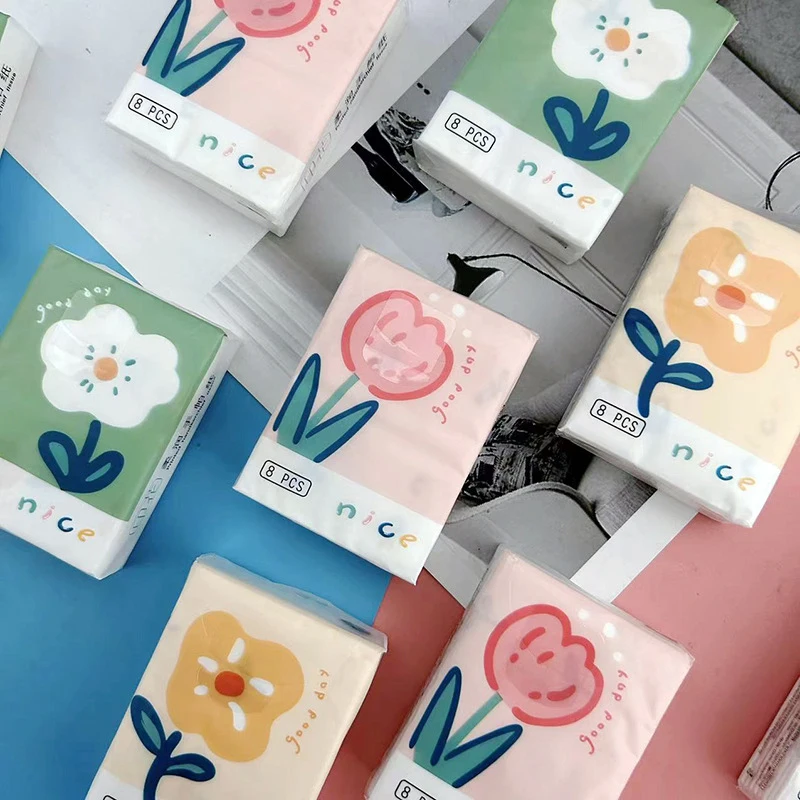 9Packs Cartoon Flower Handkerchief Paper Portable Small Virgin Wood Pulp Napkin House Facial Tissue Hand Towel