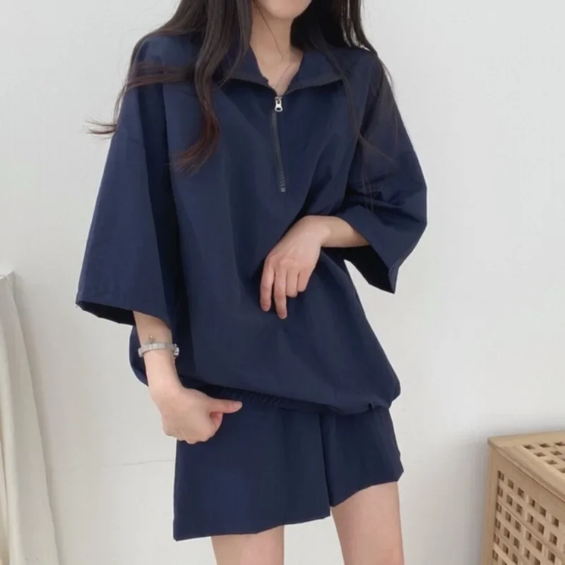 Short sleeve Shorts Women clothes Two-piece Set Plus size Turtleneck Zip-up Spring Summer Fashion Casual Sweatshirt Set Loose