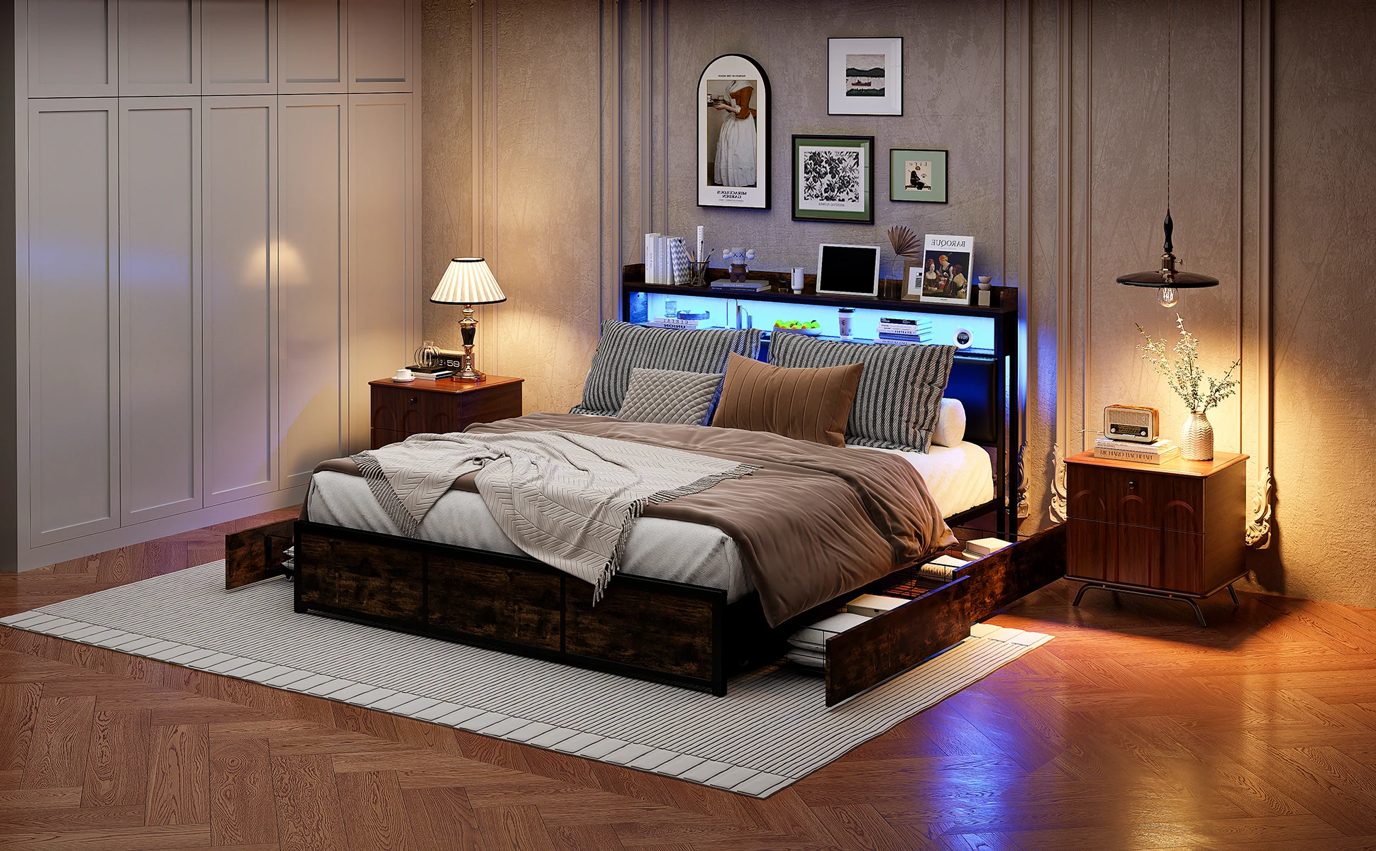 Rosahqnda Gepolstertes Doppelbett mit LED und 4 Schubladen, 140–160–180 x 200 cm, Bett mit Stauraum, Teenagerbett, PU-Kopfteil, Eisenrahmenbett, Schwarz – Detail 2