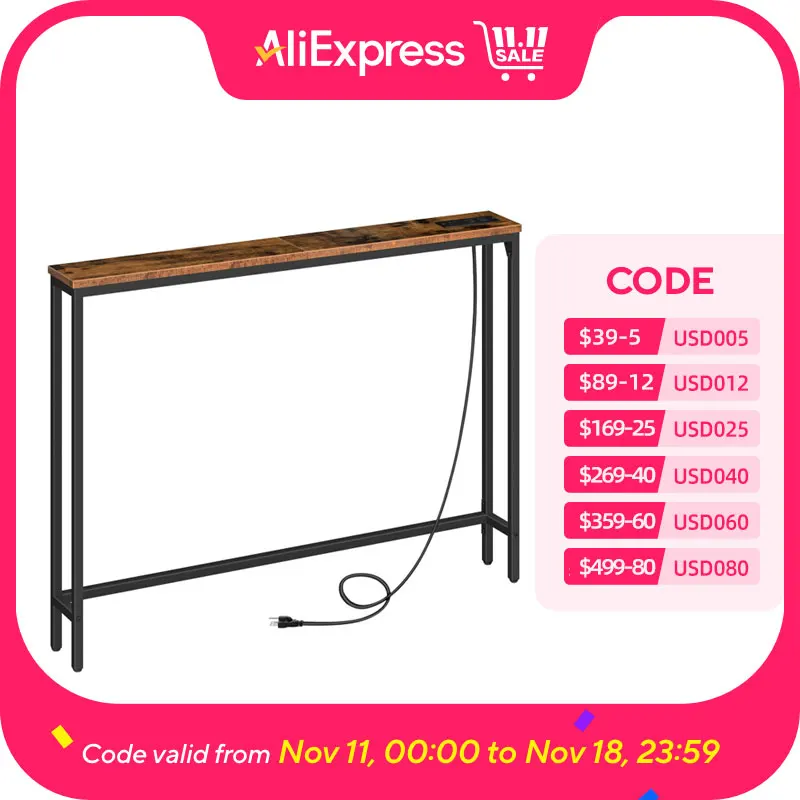 7.2" Skinny Console Table with Power Outlets and USB Ports, Table with Charging Station, Narrow Sofa Table, Behind Couch Table,