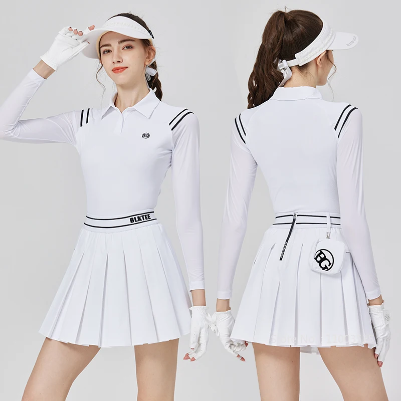 Golf Polo Shirts Women Long-sleeved T-shirt Ice Silk Sunscren Top Pleated Skirt High Waist Golf Skirts Bag New Blktee