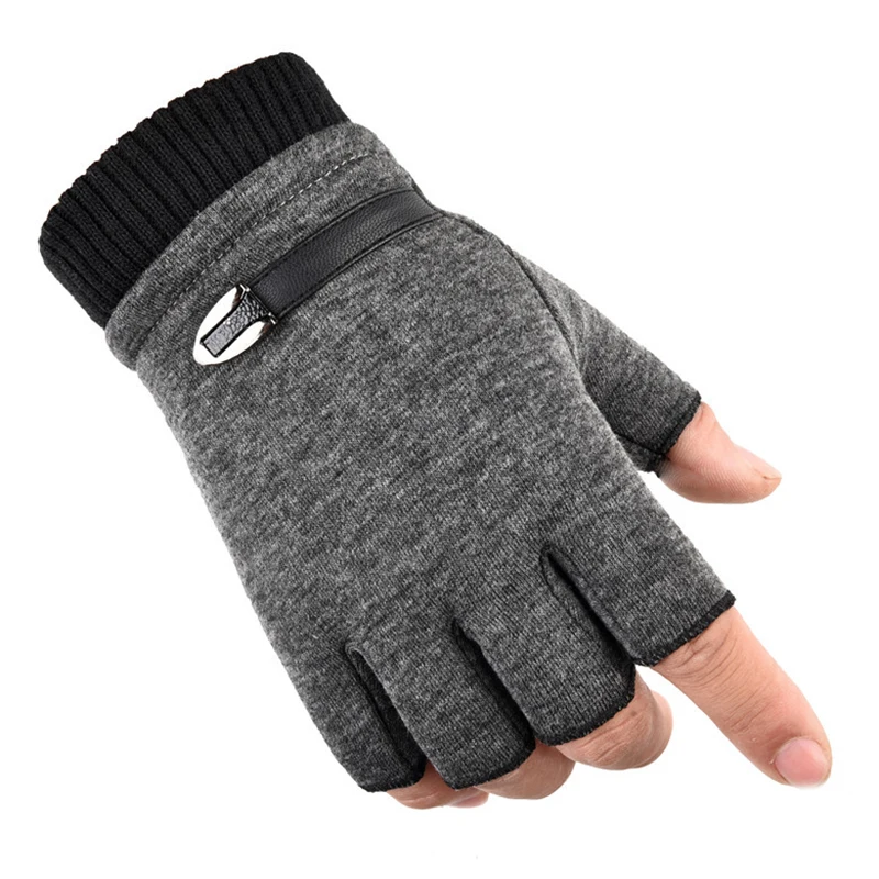 Man Autumn Winter Plus Velvet Keep Warm Outdoor Sports Half-Finger Gloves Fashion Solid Elasticity Drive Cycling