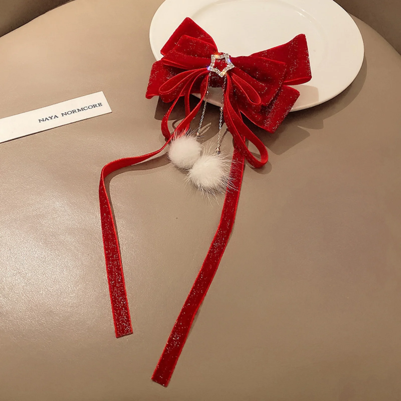 1PC Red Velvet Bow Hair Clip, Star Rhinestone Tassel Fluffy Pom Pom Design, Elegant Long Ribbon Hair Accessory for Women
