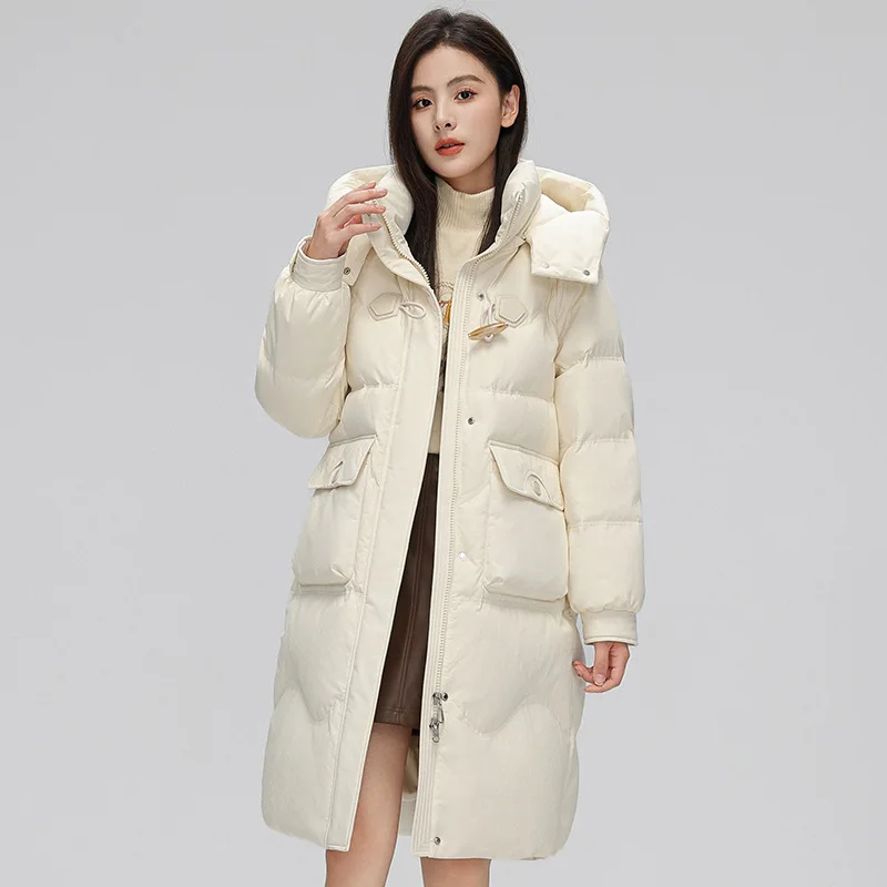 thumbnail image 1 of Nueva chaqueta de invierno para mujer, chaqueta de plumón de pato blanco, cálida, de longitud media, con hebilla de cuerno de vaca, con capucha, chaquetas holgadas y gruesas para mujer, 1 of 5