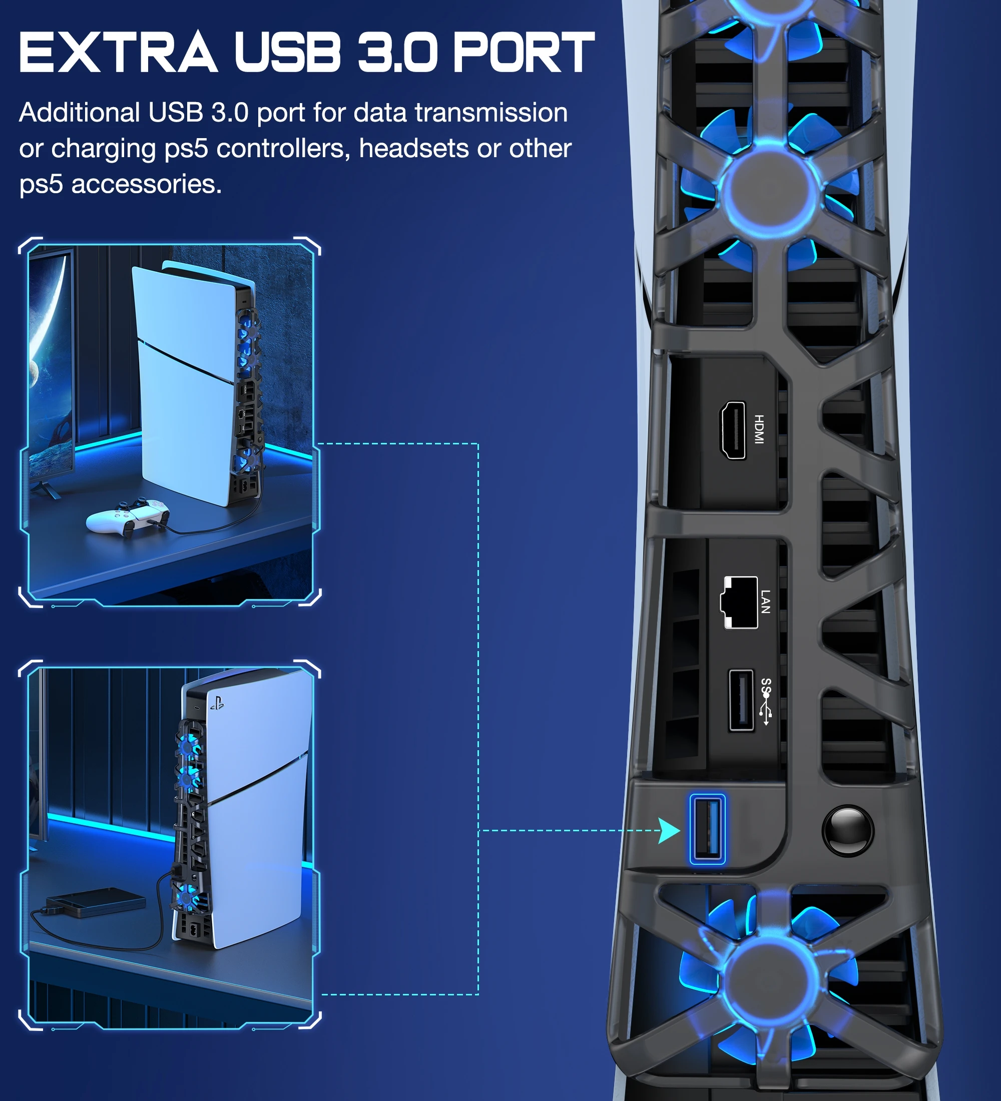 BEBONCOOL RGB 냉각 선풍기, PS5 슬림 디지털 및 디스크 버전용 임베디드 라디에이터, 플레이스테이션 5 슬림용, P1000