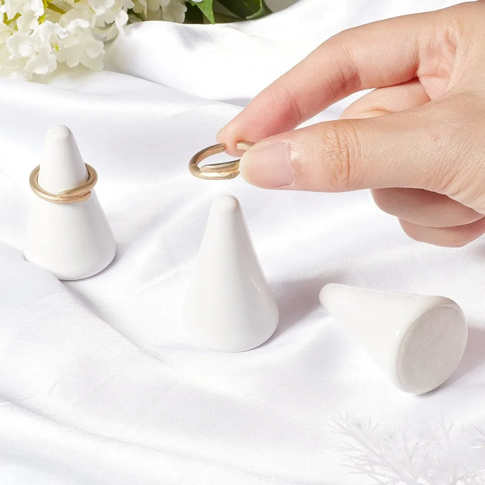 4Pcs Porcelain Ring Holder Tower White Ceramic Cone Shape Display Porcelain Ring Setting for Jewelry Wedding (1"x2"/3x5cm)