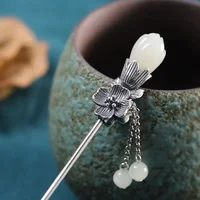 Natural Hetian Magnolia Flower Tassel Pendant Ladies Silver Hairpin Chinese Style Retro Charm Hanfu Accessories Jewelry 2