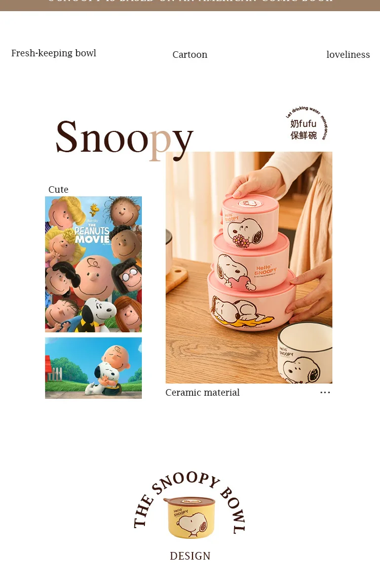 Snoopy Bowl Three Piece Set Crisper Box Child Cartoon Snoopy Ceramics Fresh Bowl With Lid Suit Girl Tableware Lunch Box Gift Box