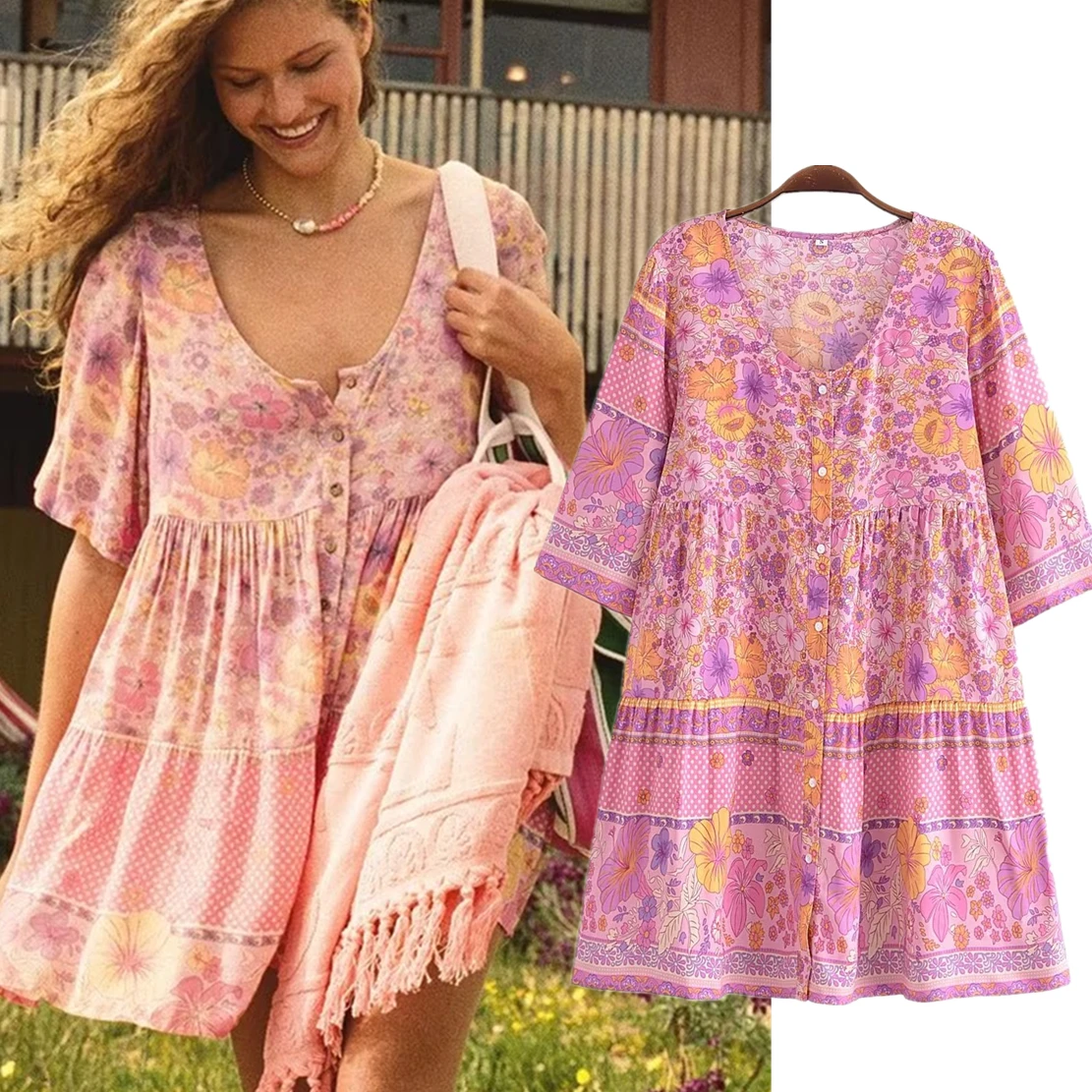 

Elmsk 2023 Summer Dress Bohemian Style V-neck Casual Floral Printing Cotton Mini Dress Women