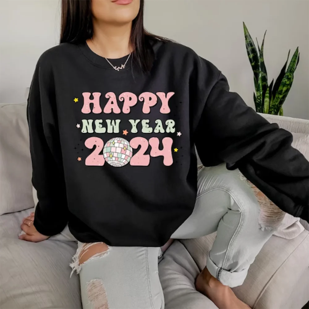 

Happy New Year Sweatshirt Funny Hoodies Pullover Long Sleeve Patterned Essentials Outerwear Women's jumper Woman Clothing