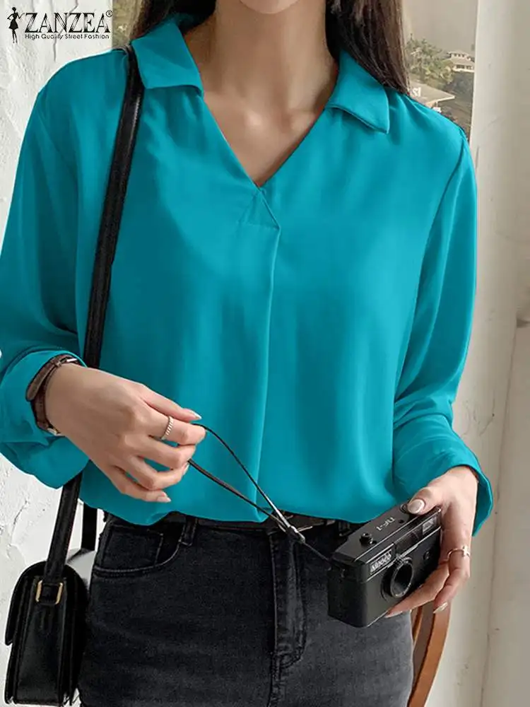 

Women Long Sleeve Shirt 2024 Elegant Lapel V Neck Blouses ZANZEA Casual Loose Solid Color Tops Spring Office Lady Pleats Tunics