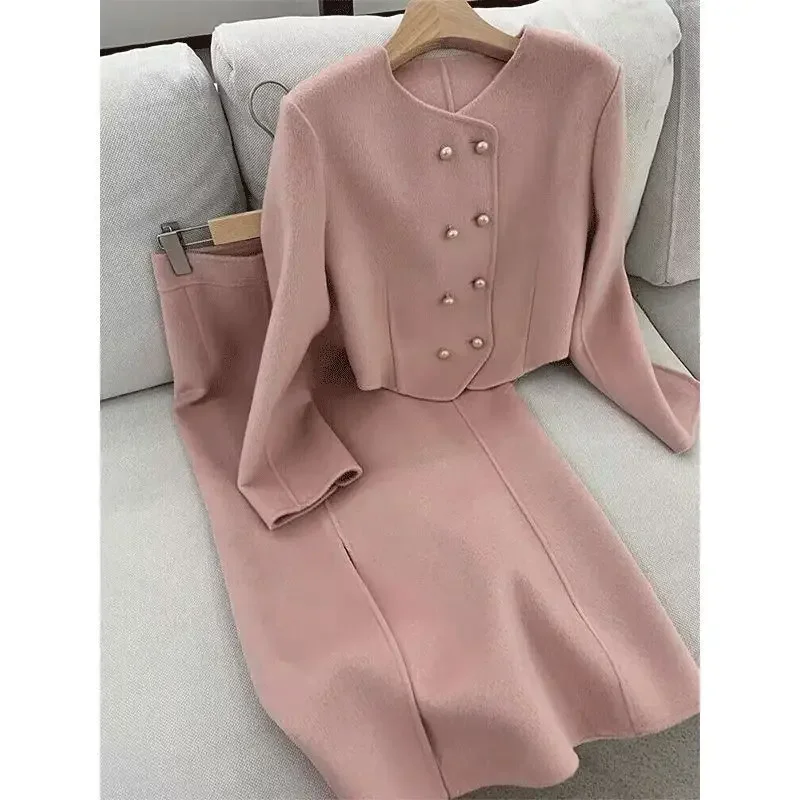 UNXX Women Skirt Suits Office Lady Tweed Set O Neck Button Cropped Jackets Bodycon Long Skirt Elegant Female 2 Pieces Sets Women