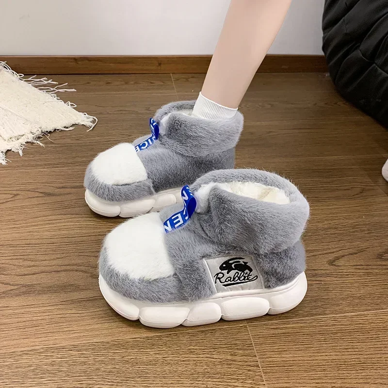Rabbit Cotton Slippers Women Winter Warm Shoes Plush Lining Indoor Slipper Couple Platform High Top Snow Boots Male Home Slipper 2