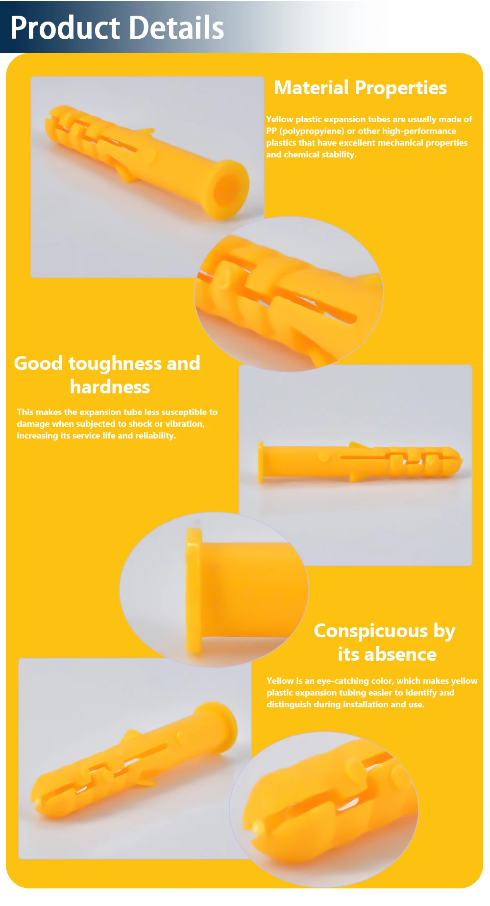 Description Picture 4 of itemM6 M8 M10 Yellow Plastic Expansion Pipe Column Concrete Wall Plug Frame Fixing Tube Anchors for to the Fixed on Drywall 20pieces