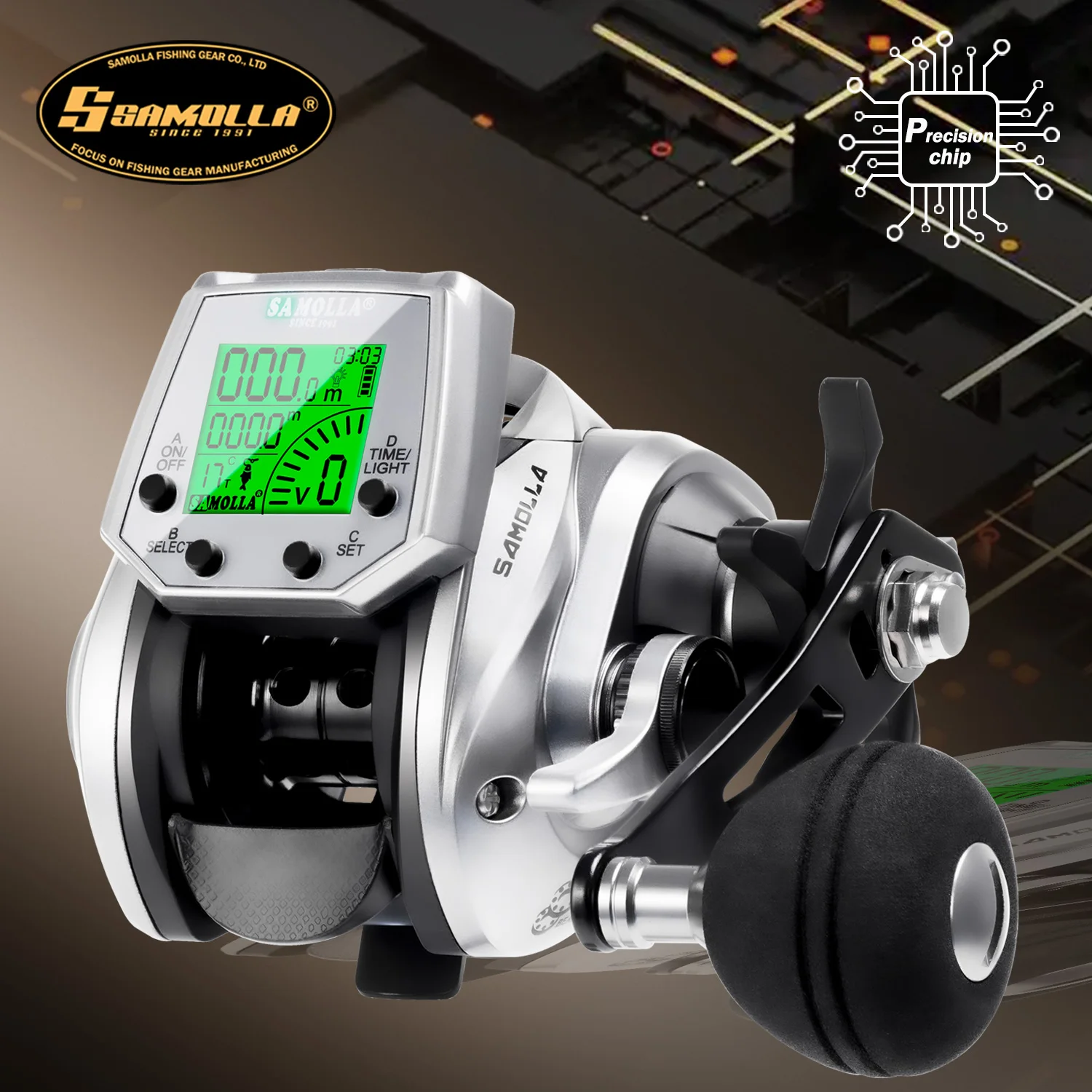 SAMOLLA Electronic Baitcasting Fishing Reel with LED Screen USB Solar Charging