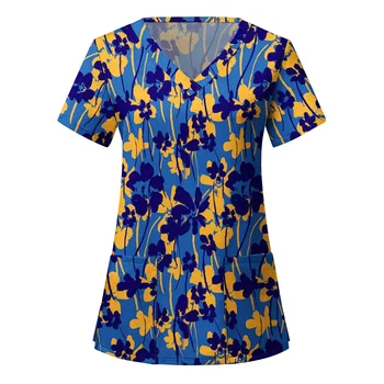 V넥 유니섹스 작업복, 반려동물 미용 유니폼, 기관 미용실 스크럽 탑, 스파 유니폼, 프린트 셔츠 A50