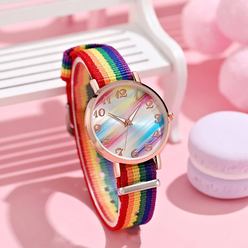 

Sdotter Fashion Rainbow Color Women's Watch Nylon Strap Colorful Wristwatch For Ladies Casual Quartz Female Clock Students' Gift