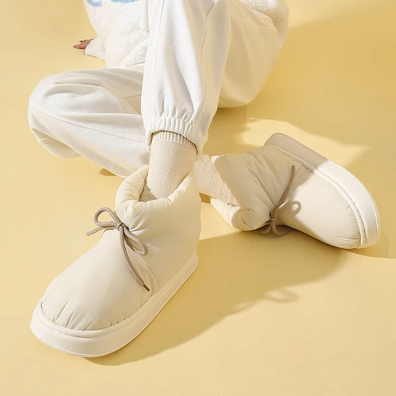 Gacimy Winter Women Cotton Slippers Fashion Outdoor High-top Down Snow Boots Comfort Soft Sole Fur Slides Warm Fluffy Home Shoes