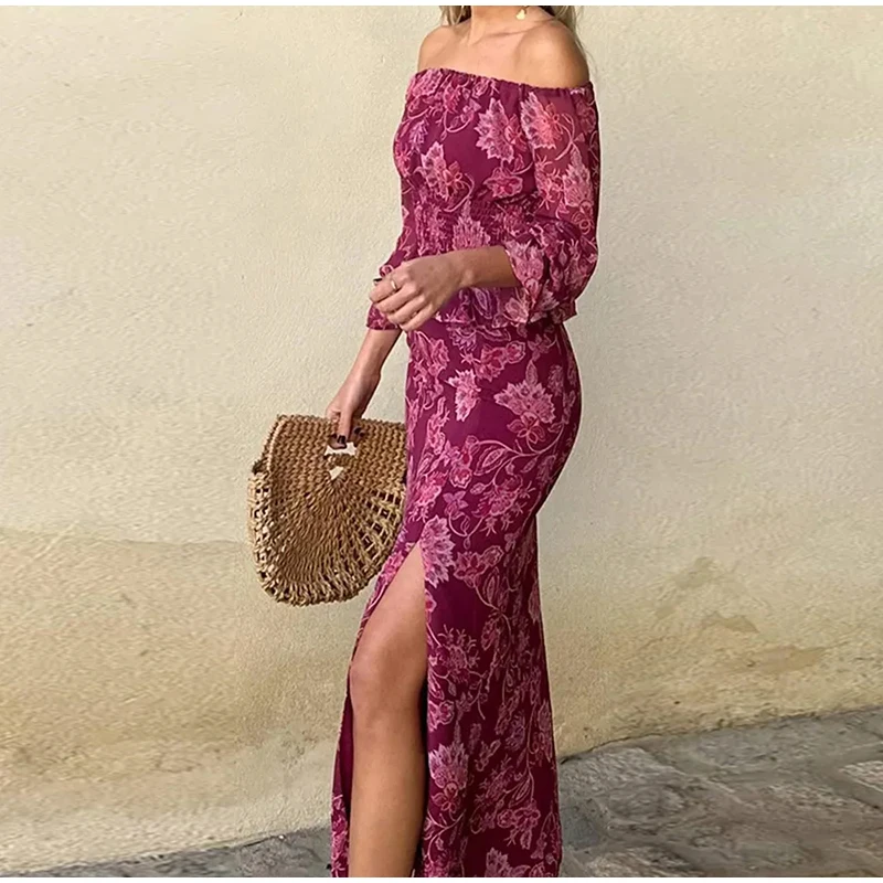 Vintage Print Top Skirt Suits Women One Shoulder Long Sleeve Waist Up Ruffled Hem Tops High Slit Skirt Vacation Beach Outfits