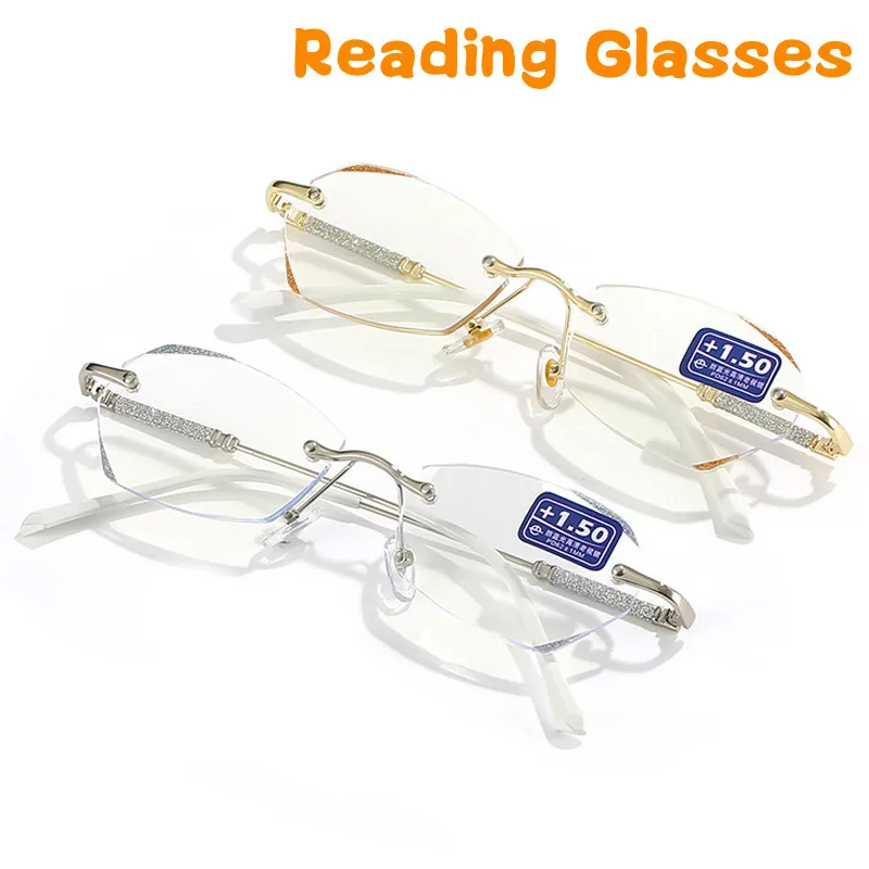 

Luxury Rimless Diamond Cutting Presbyopic Glasses Women Fashion Eyeglass Clear Len Magnifier Computer Optical Far Sight Eyewear