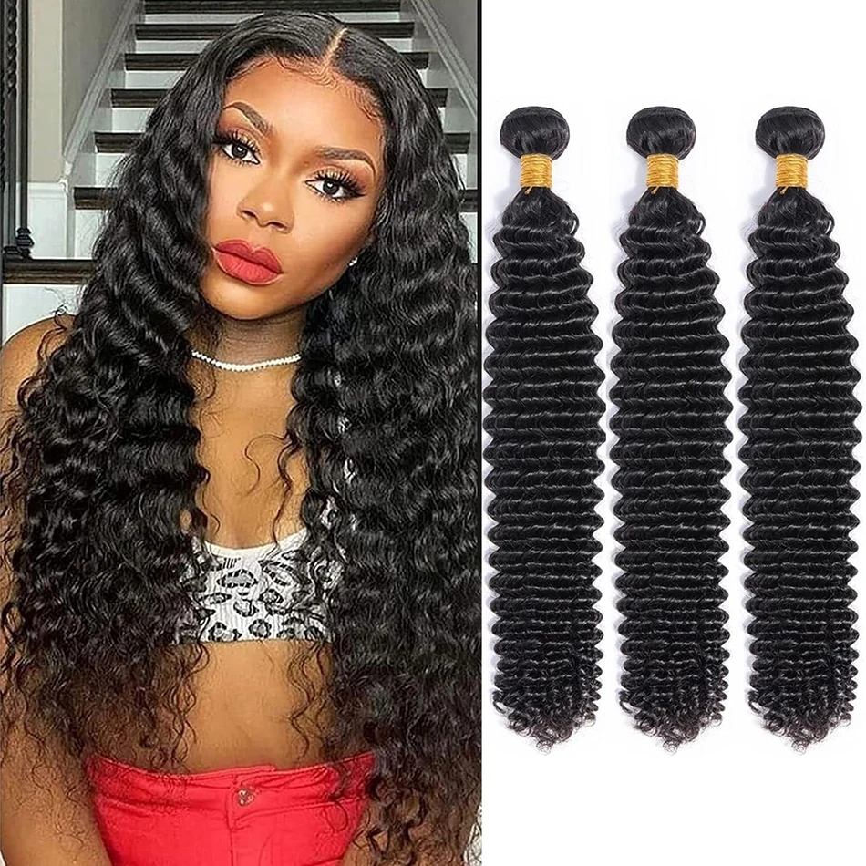 

12A Deep Wave Bundles Peruvian Human Hair Extensions 30 Inch Bundles Kinky Curly Water Wave Bundles Soft Raw Hair Weave Bundles