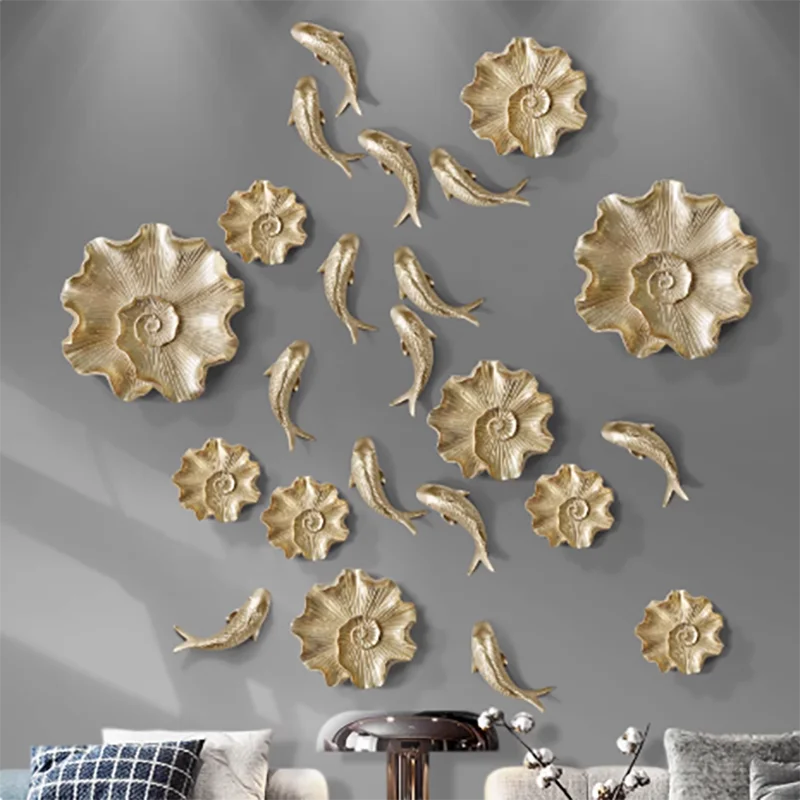 Chinese Lotus Leaf Koi Goldfish Resin Wall Accessories Items Home Room Background Wall Mural Decoration Cafe Hotel Sticker