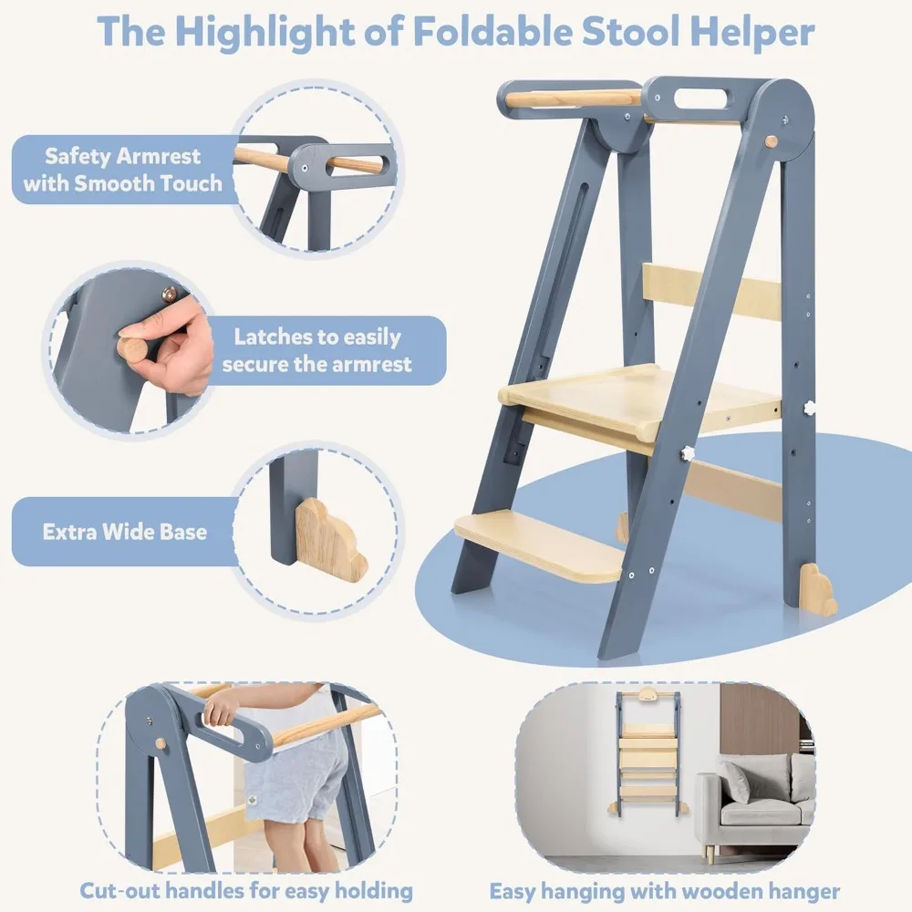 Foldable Wooden Step Stool for Toddlers, Adjustable Height Montessori Learning Tower with Safety Rail & Hook