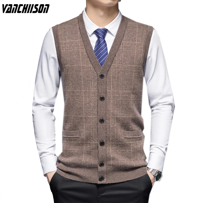 100% Wool Men Thick Warm Knit Vest Sleeveless Buttons Down Cardigan for Autumn Winter V Neck Stripes Retro Vintage Casual 00217