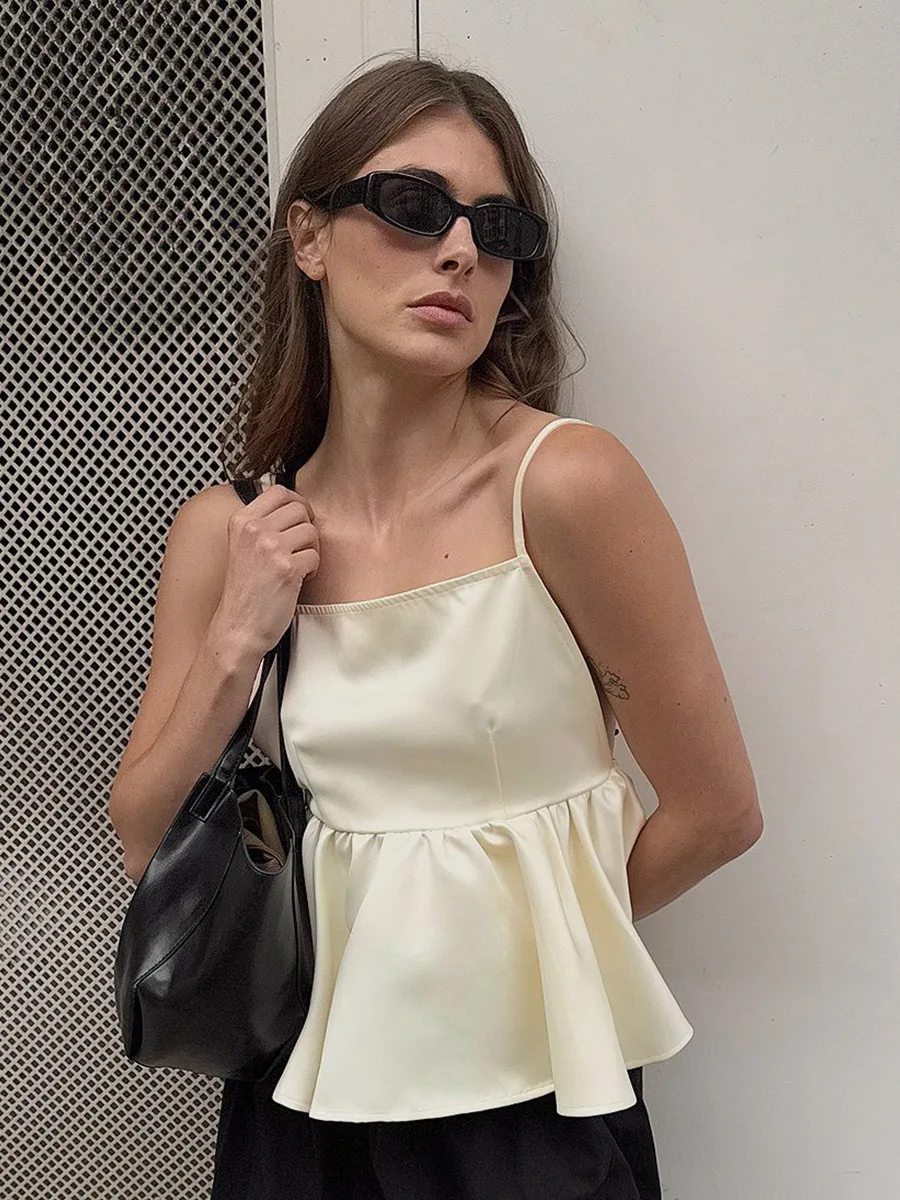 Bornladies 2026 Summer New Women's Satin Cami Top Smooth Satin Sexy Open Back Adjustable Strap Sleeveless Ruffle Peplum Top