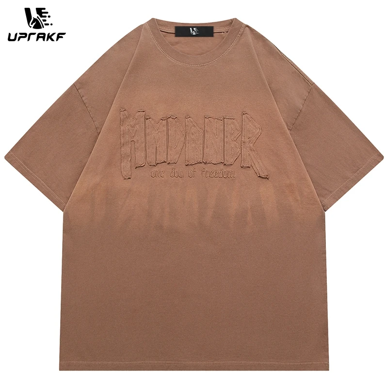 

UPRAKF Summer T Shirt Retro Short Sleeved Trendy Oversize Casual All Match Tops Tees Harajuku Washed Old Style Simple Design