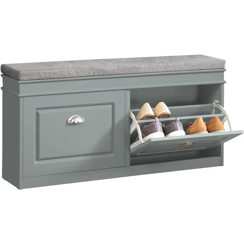 

Haotian FSR64-HG, Grey Storage Bench with Drawers & Padded Seat Cushion, Hallway Bench Shoe Cabinet Shoe Bench Storage