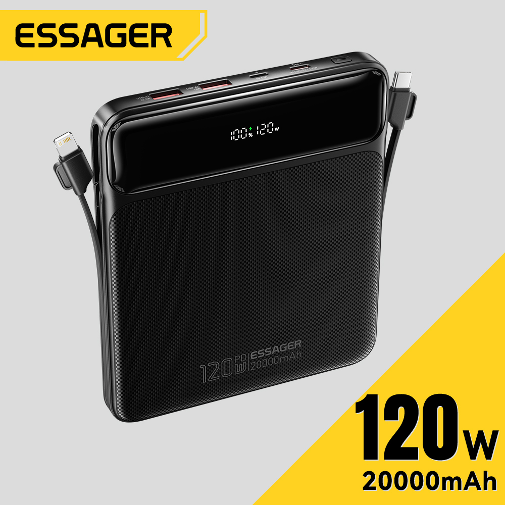 Essager 120W Power Bank 20000mAh with Two Built-in Cables 100W PD Fast Charging For iPhone 16 15 14 Pro Max iPad Macbook Laptop