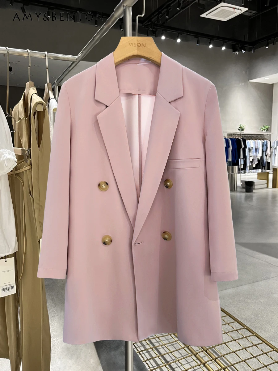 

Spring Summer New Office Lady Thin Pink Suit Jackets for Women Casual Temperament Sun Protection Jacket Retro Cross Collar Coat