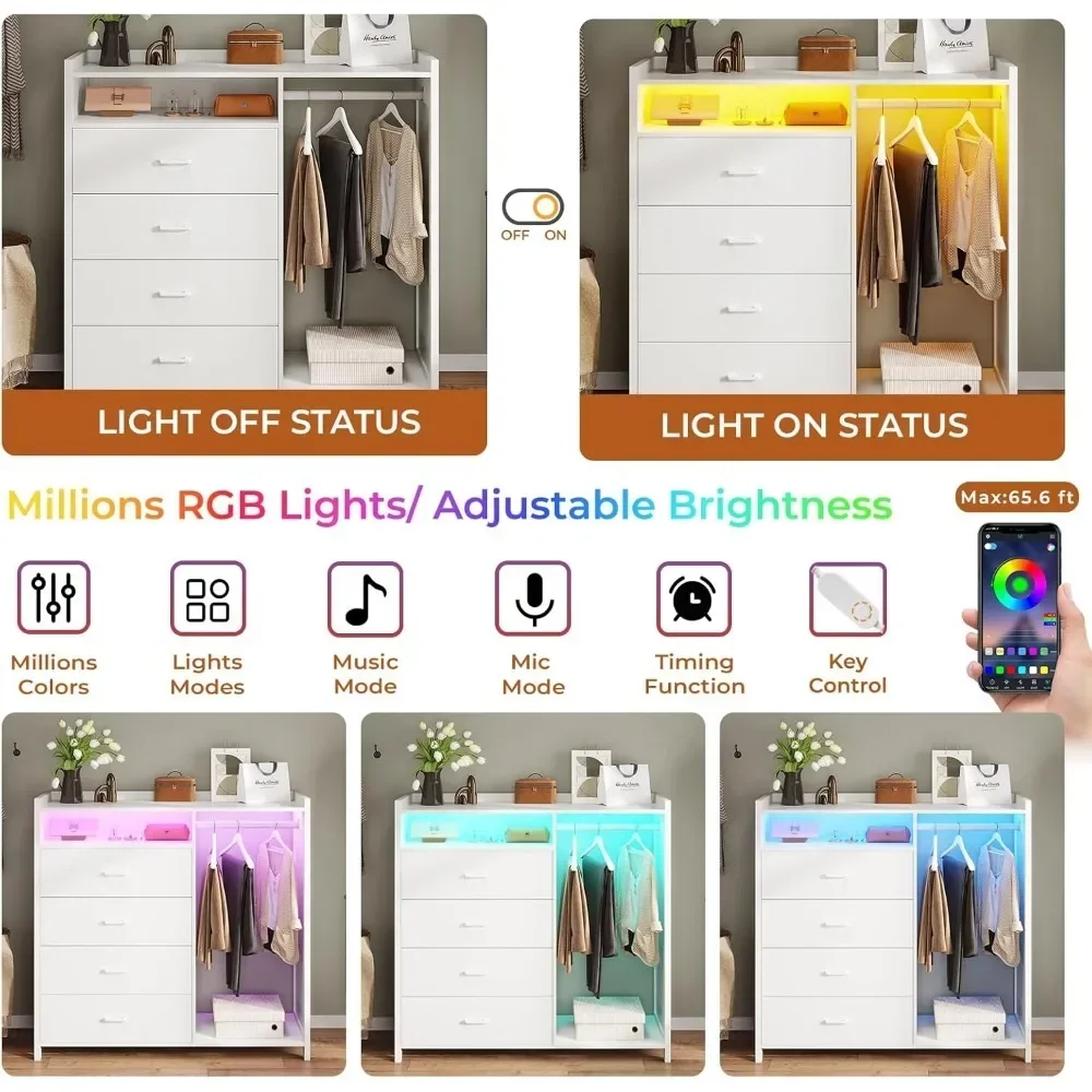 Children's Wardrobes, White Dresser for Bedroom with Clothing Rack, Dressers& Chests of Drawers,4 Drawer Dresser with LED Lights 4