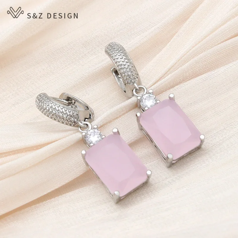 S&Z DESIGN New Fashion Pink Rectangle Crystal Dangle Earrings For Women Wedding Party Jewelry Classic Cubic Zirconia Eardrop