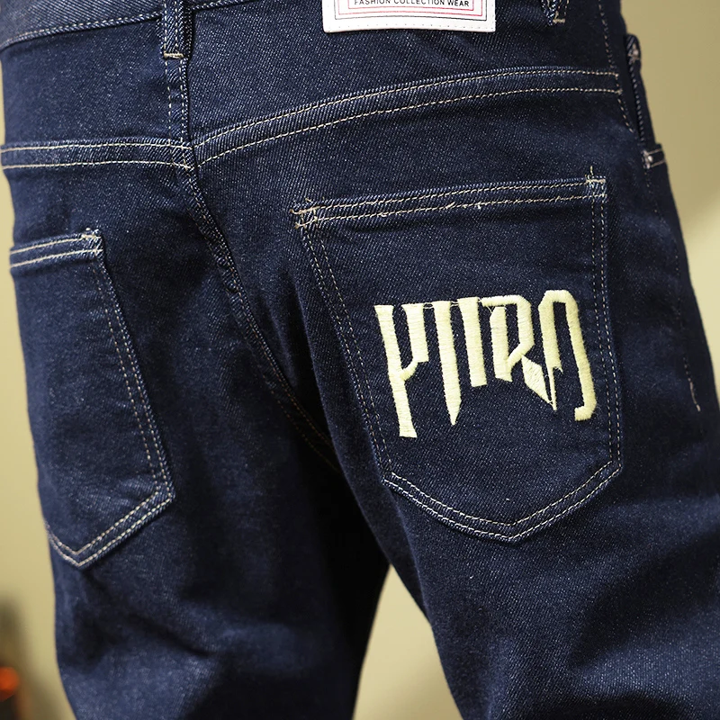 Street Fashion Men Jeans Vintage Dark Blue Elastic Stretch Slim Fit Embroidery Designer Jeans Men Hip Hop Raw Denim Pants Hombre