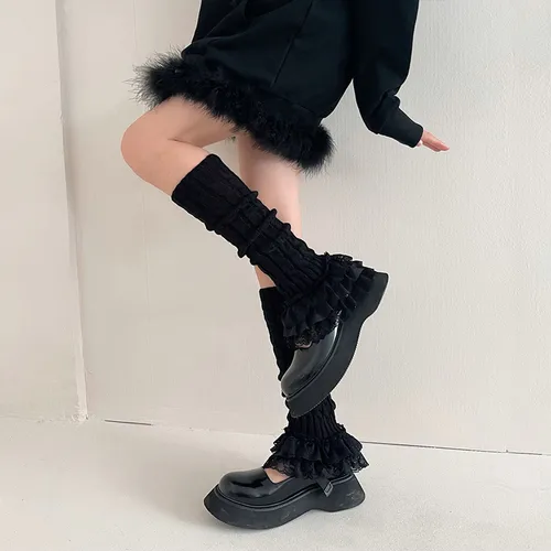 다층 레이스 레그 워머 일본 스타일, 트위스트 스트라이프 니트 긴 양말, JK 번칭 양말, 부츠 커프스, 가을 겨울 4