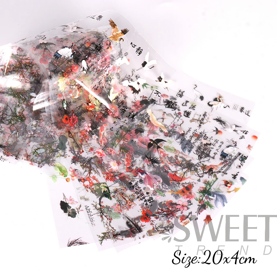 10pcs Chinese Style Nail Art Foils Ink Painting Characters Cloud Crane Design Transfer Sliders New Year DIY Decor Stickers DXK12 6