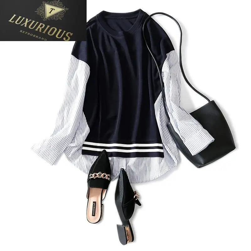 

T Shirt Women 2024 New Casual Korean Woman T-shirty Damskie Broadcloth Full Sleeve Striped Oversize Womens Top Autumn Female 4XL