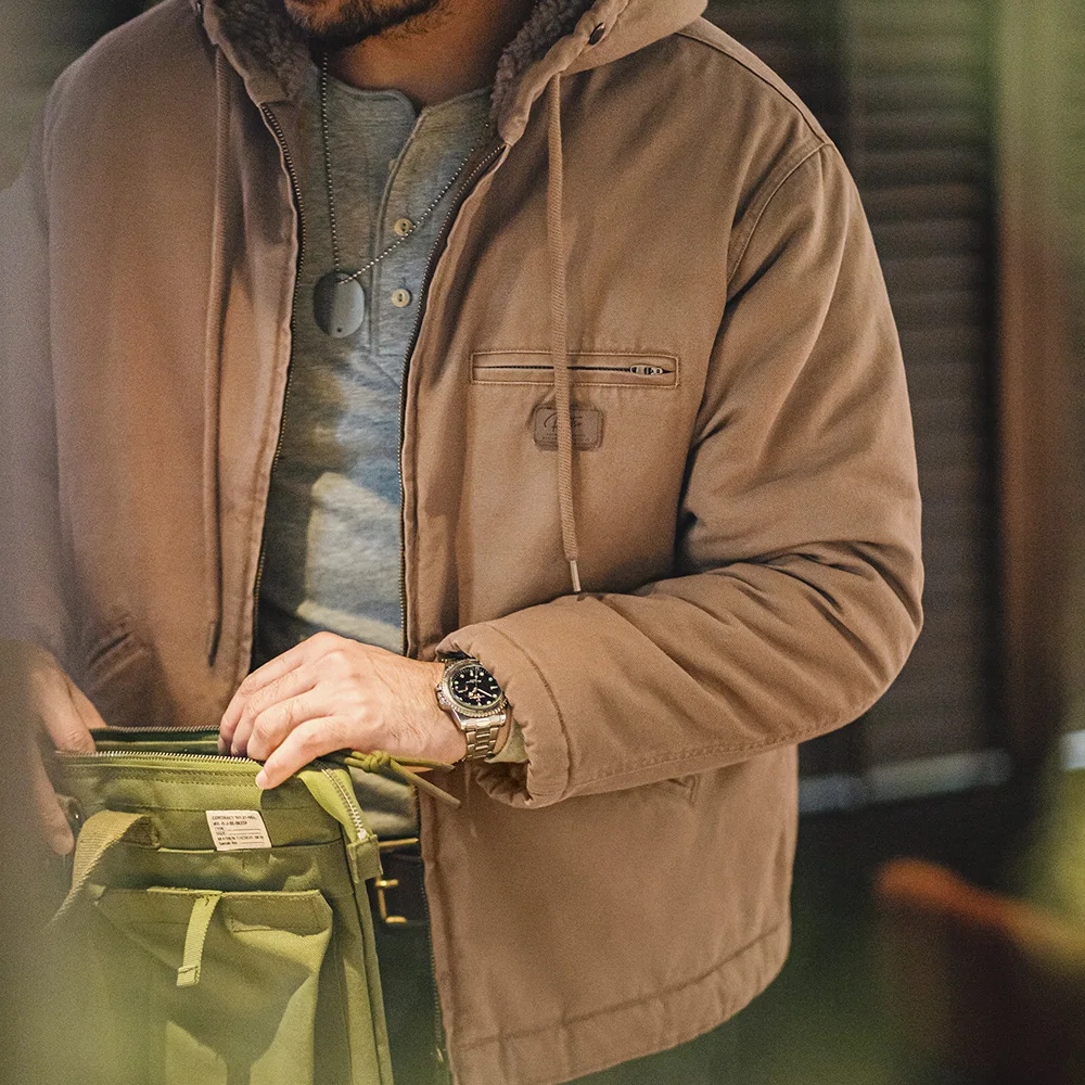 Maden Retro J141 Active Hooded Jacket Solid Color Sherpa Fleece Cotton-padded Coat with Velvet Warm  Canvas Outerwear for Men 2