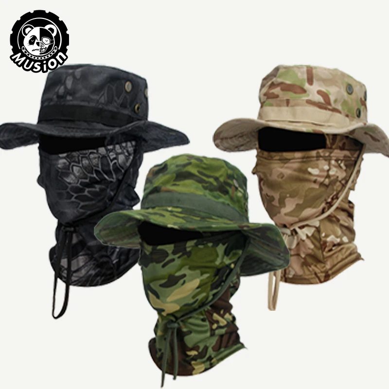 Musion Camouflage Cappello a tesa larga Passamontagna Set Parasole da esterno da uomo Boonie Cap Cappello da pescatore Cappello da pesca con protezione solare