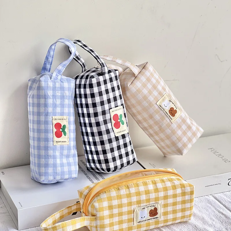 

Fresh Grid Simple Large Capacity New Storage Bag Student Portable Portable Pencil Case Multi-Color Optional