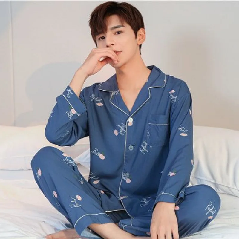 Spring Cotton Silk Pajamas Men Loose Pyjamas Large Size Cartoon Nightdress Casual Thin Sleepwear Simple Long Sleeved Home Wear