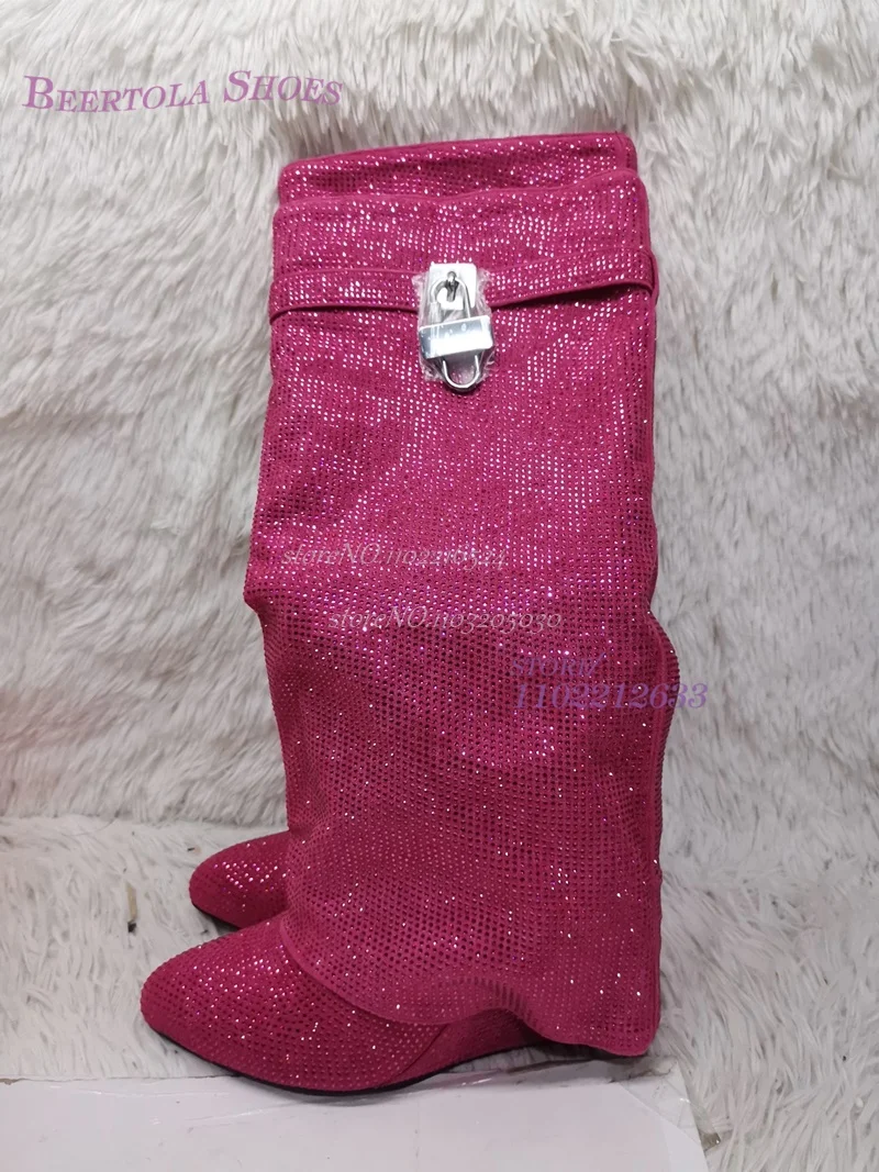 Pink Crystal Flat Knee Boot Women Luxury Diamond Black Leather Round Toe Calf Booties Silver Black Metal Buckle Zip Fashion Shoe