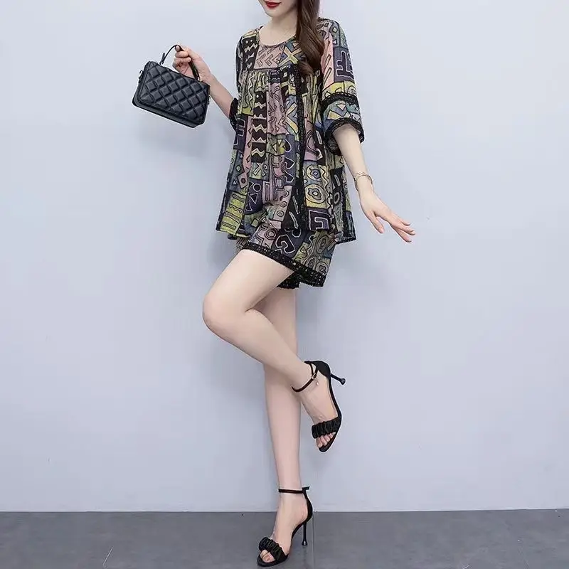 Elegant Fashion Harajuku Slim Fit Female Clothes Loose Sport All Match Casual Shorts Printed Lace Patchwork Short Sleeve Sets